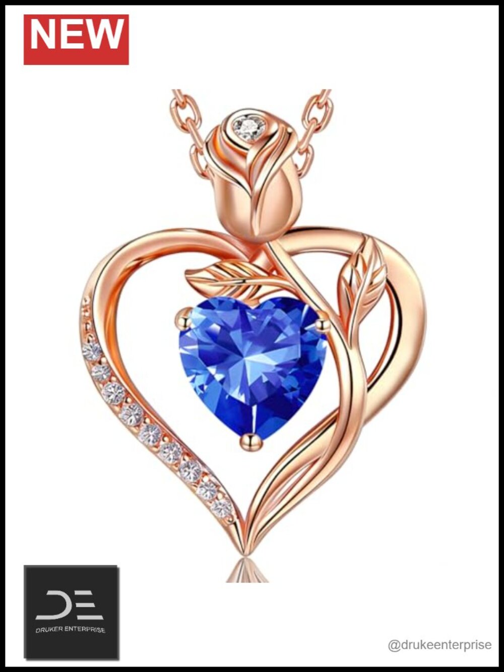 Heart Birthstone Pendant Necklace 18K Rose Gold over S925 Silver September